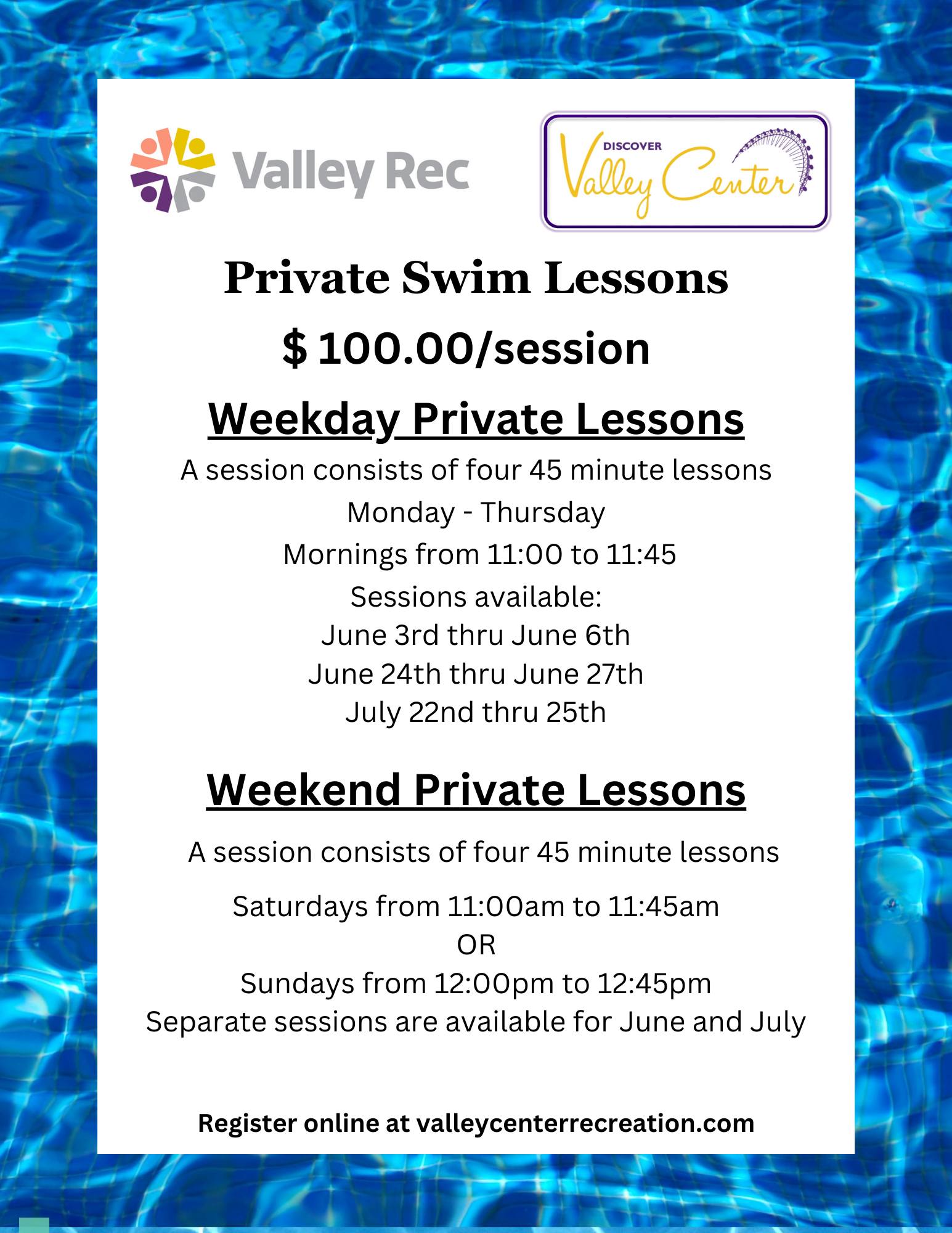 Private swim lessons offered in Valley Center
